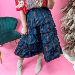 EUC Heyson Size Large High Waisted Plaid Tiered Midi Skirt - Black and Red